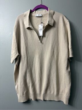 Mango short-sleeve textured knit polo shirt quarter-zip closure. Xxl NWT